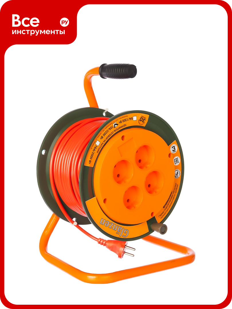Силовой удлинитель на катушке GLANZEN 4 гн. 30 м ПВС 2x1 EB-30-004 00012291