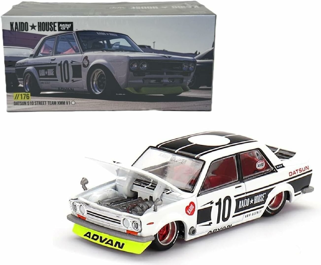 KAIDO HOUSE x Mini GT Datsun 510 Street Team XMM V1 White/Green (year 2025, KHMG176) - коллекционная Premium машинка