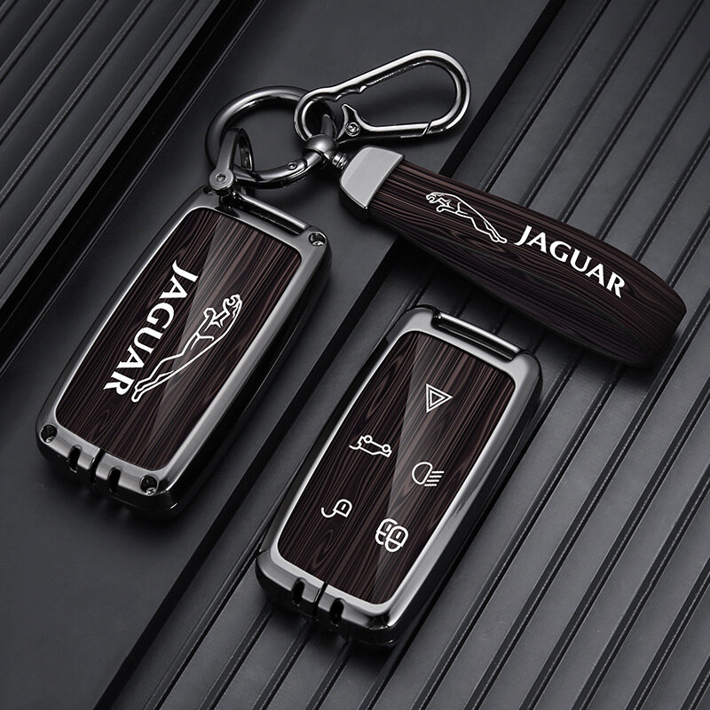 Чехол для ключа Jaguar XFL/XEL/FPACE/FTYPE/XF/XJL - Деревянный рисунок коричневый с кожаной застежкой