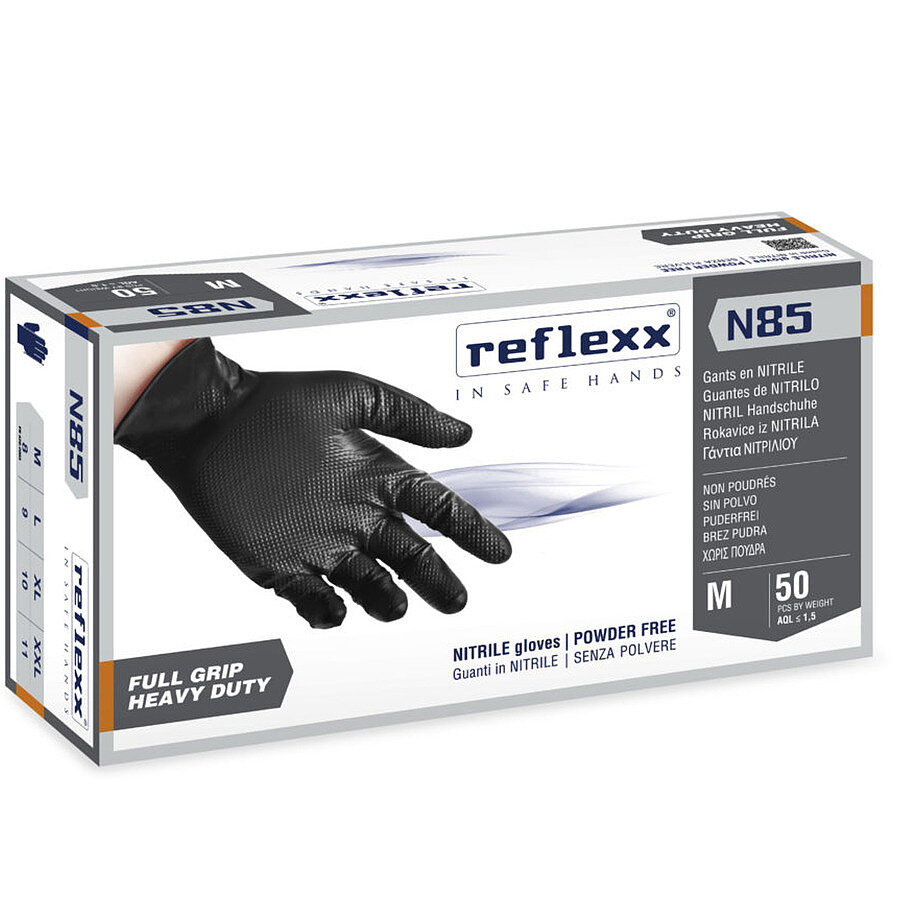 Reflexx | Сверхпрочные резиновые перчатки, нитриловые, чёрные, Reflexx N85B-XXL. 8,4 гр. Толщина 0,2 мм.