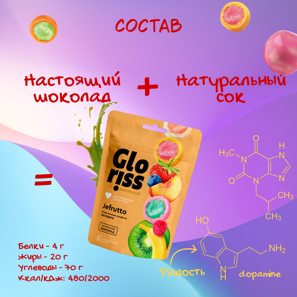 Набор ассорти жевательных конфет Gloriss: Ассорти, Освежающий арбуз, Манго-малина, Гуава-личи, 4 шт. по 75 г.