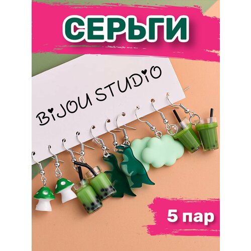 фото Комплект серег bijou.studio набор украшений для девочки, нержавеющая сталь, бижутерный сплав, хаки, бирюзовый