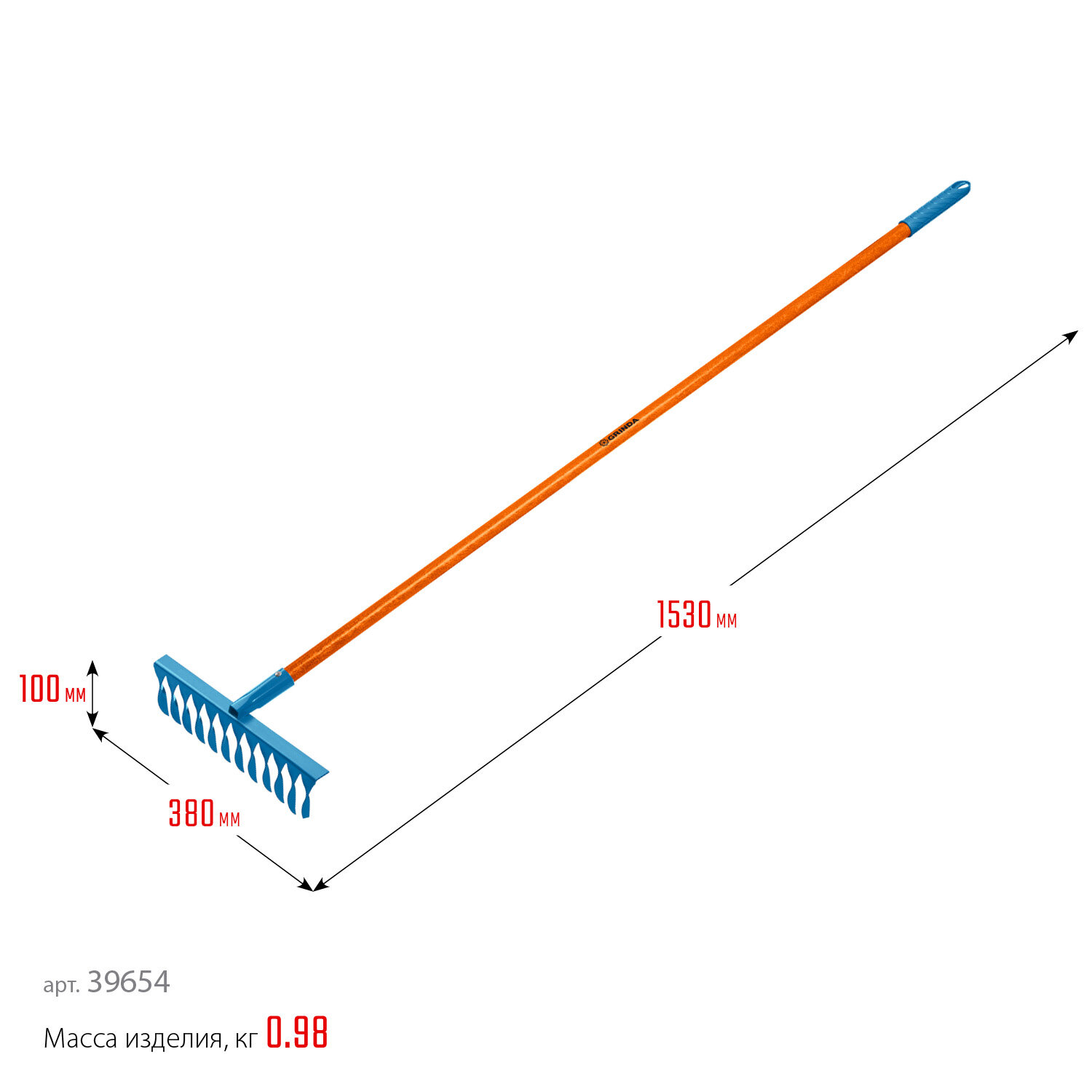 GRINDA PR-12T FIBER, 380 х 100 х 1530 мм, 12 витых зубцов, углеродистая сталь, фибергласовый черенок, PROLine (39654)