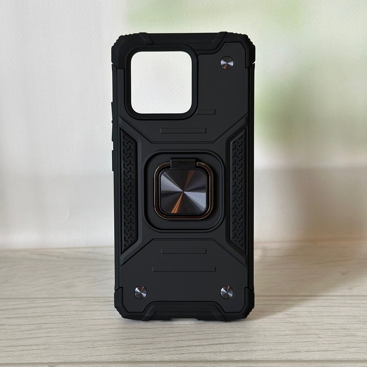 Противоударный чехол для Xiaomi 13 черный с пластиной для магнитного автодержателя и кольцом подставкой — фото 1