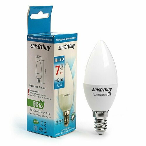 Лампа cветодиодная Smartbuy, Е14, C37, 7 Вт, 6000 К, холодный белый свет (комплект из 15 шт)