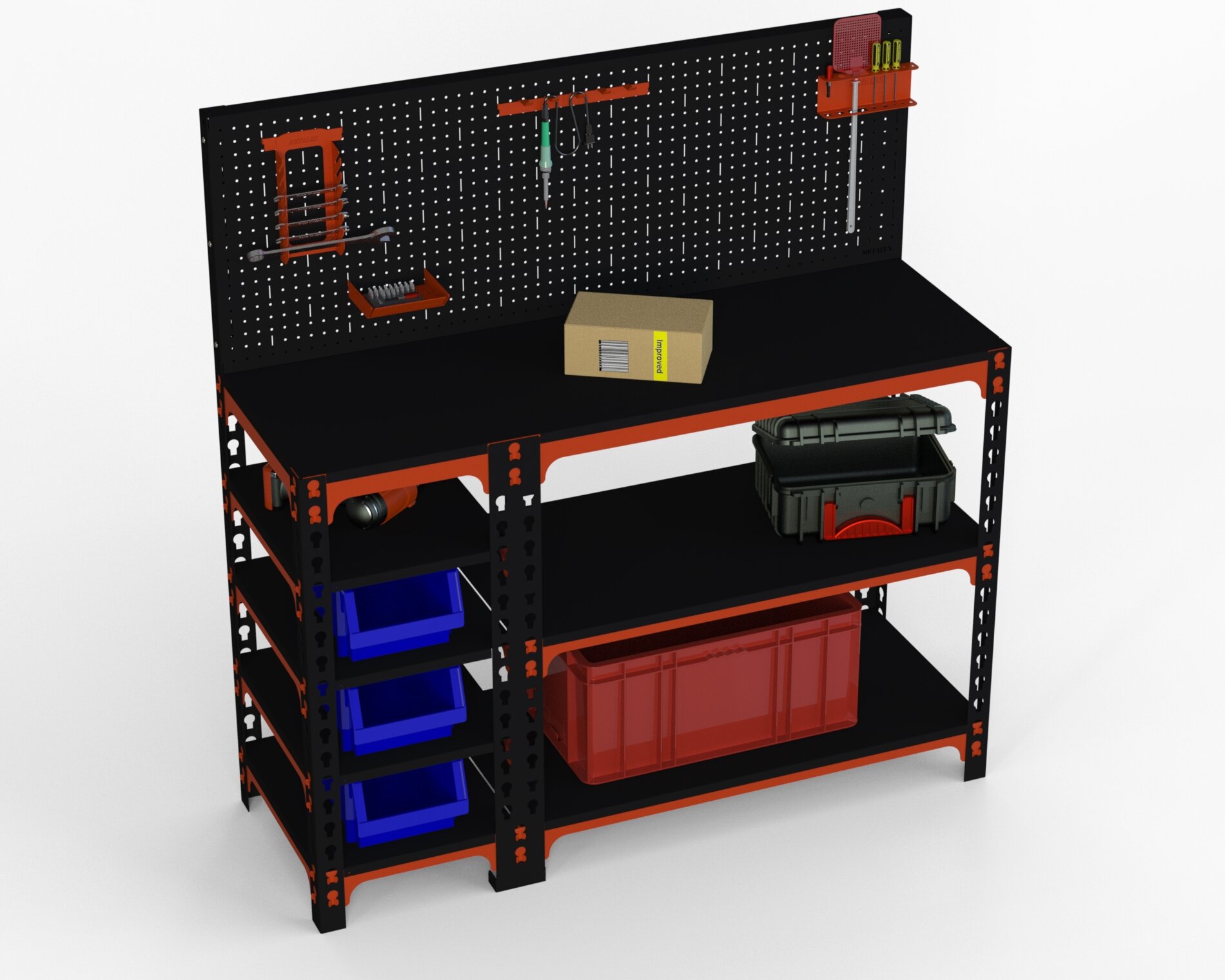 Стол-верстак Metalex 950х1200х500 (с бок. полками, перфопанелью и комп. аксессуаров) оранжево-чёрный
