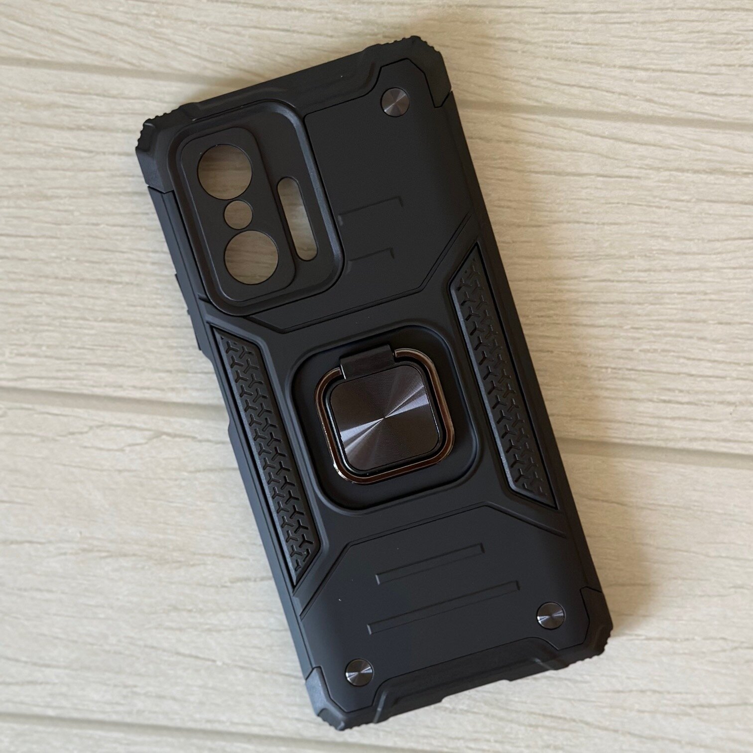 Противоударный чехол для Xiaomi 11T, 11T Pro черный с пластиной для магнитного автодержателя и кольцом подставкой — фото 1