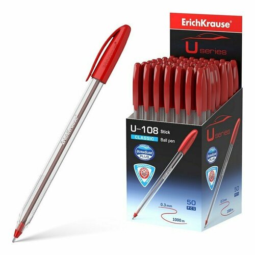 Ручка шариковая ErichKrause U-108 Classic Stick 1.0, Ultra Glide Technology, чернила красные (комплект из 50 шт)