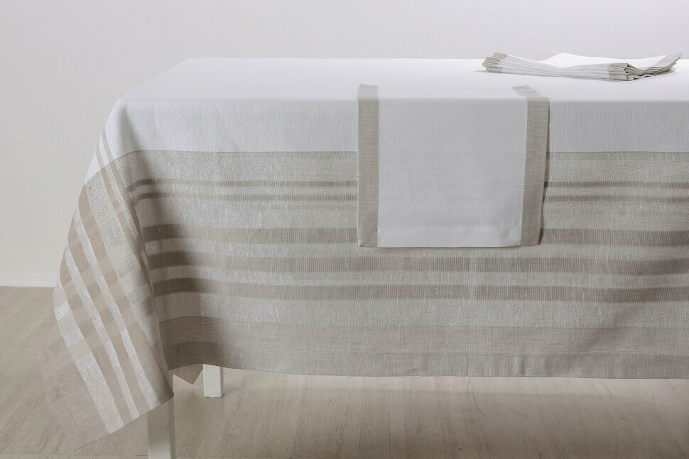фото Скатерть льняная Полоска + 6 салфеток (светло серый, 180x250)