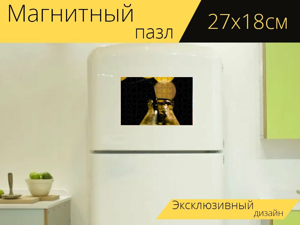 Магнитный пазл "Надувные шарики, колбы, желтый" на холодильник 27 x 18 см.
