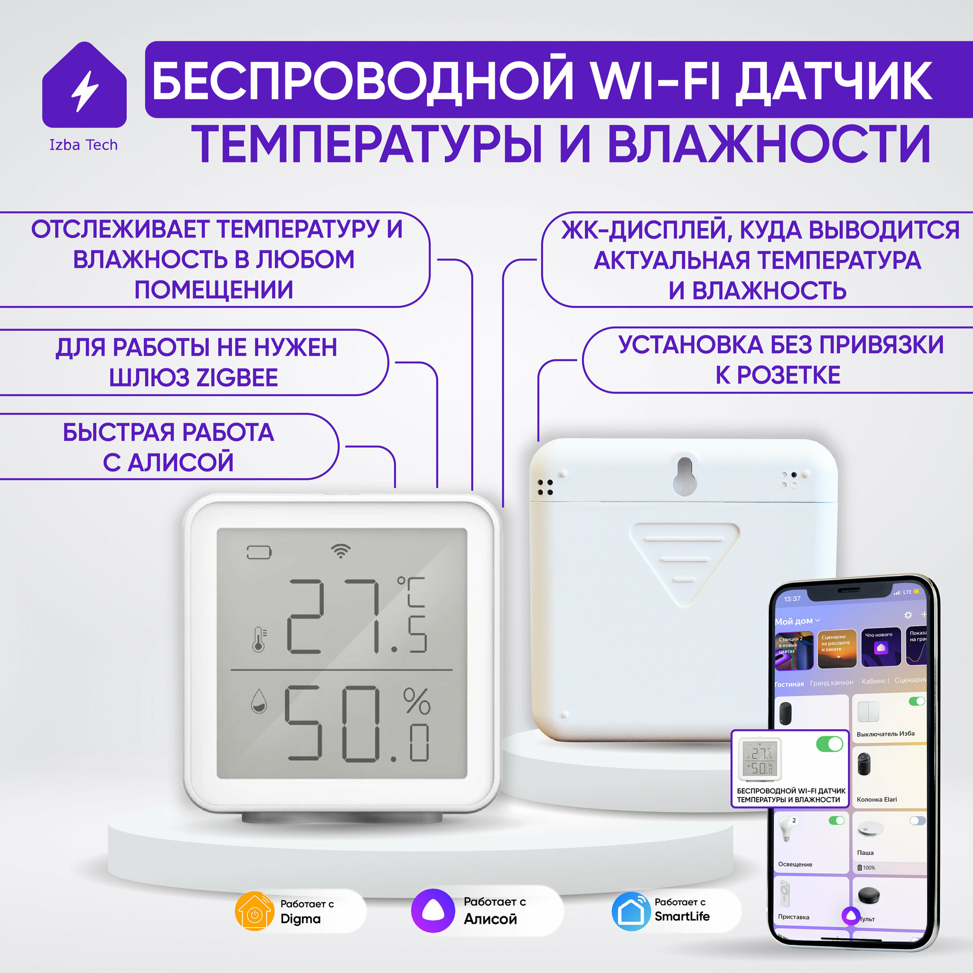 Датчик температуры и влажности Tuya WIFI беспроводной для умной розетки выключателя или реле для Алисы работает без шлюза