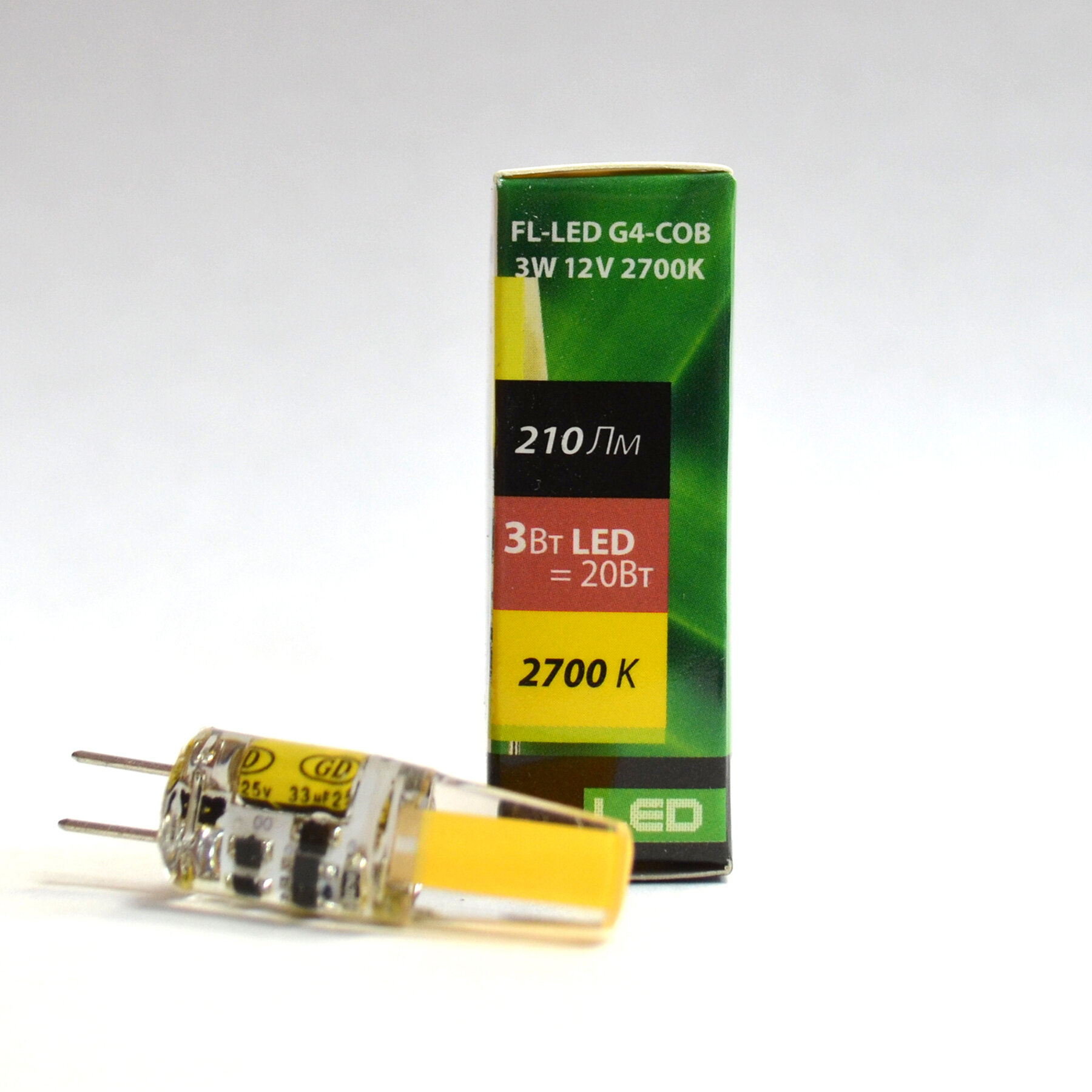 1шт/уп. Лампа LED Капсула 3Вт 12V G4 PIN 210Лм 2700К Угол 360 град. D-10mm L-32mm Свет Теплый белый Foton Lighting, уп. 1шт