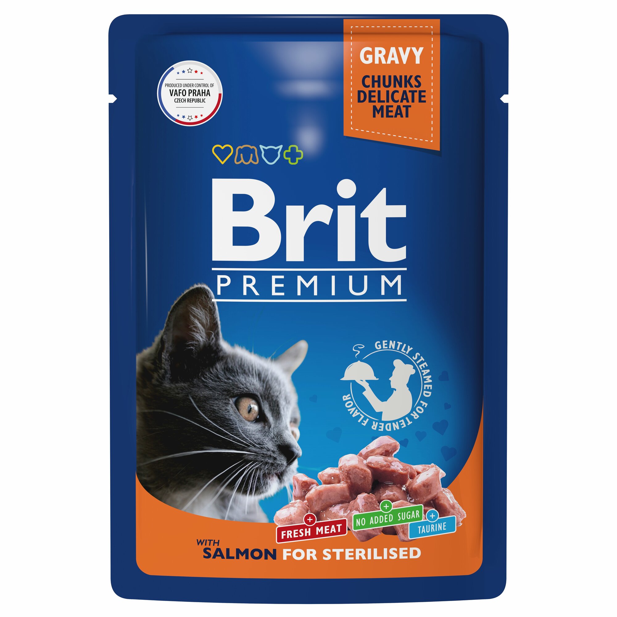 BRIT PREMIUM, влажный корм для кошек. Пауч для взрослых стерилизованных кошек, Лосось в соусе, 85г