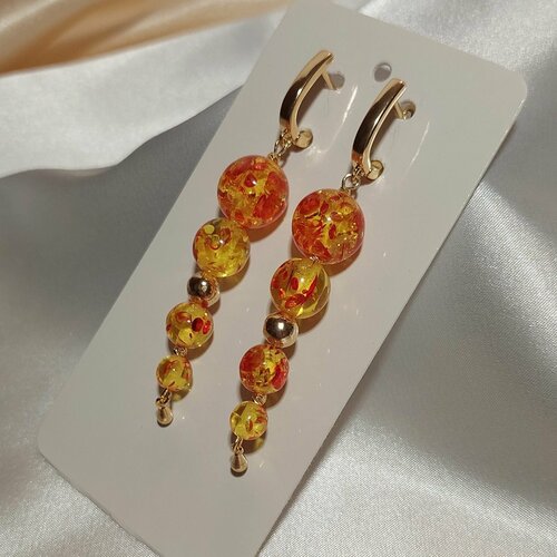 Серьги  с янтарем, позолота 18к, керамика, размер/диаметр 75 мм, бесцветный, желтый