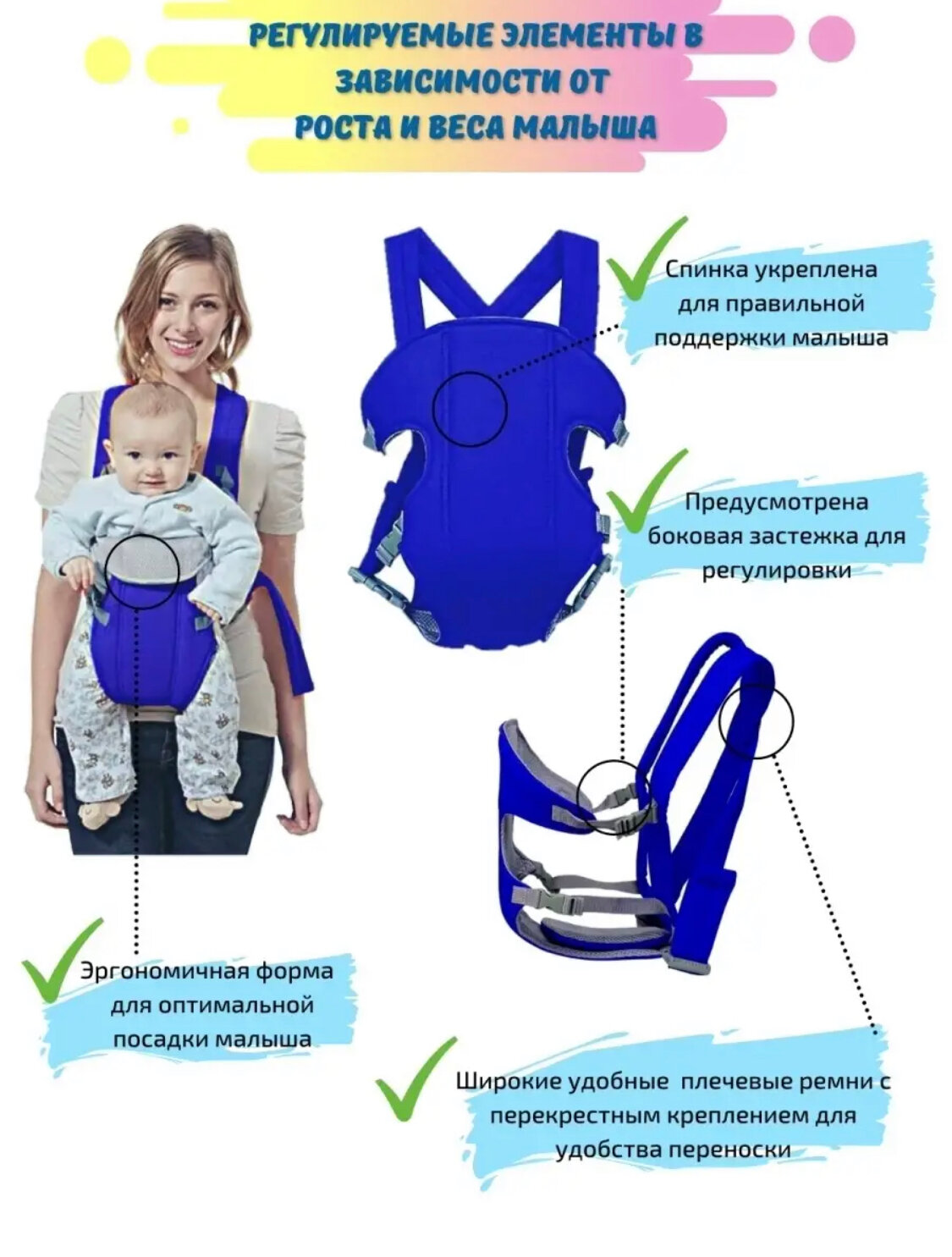 Рюкзак-кенгуру для детей от 3 месяцев до 12 синий