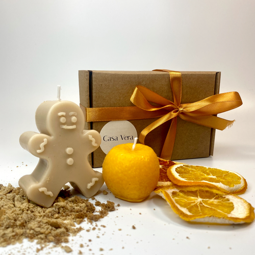 Подарочный набор новогодний «Вкус праздника»: свеча-имбирный пряник и свеча-мандарин // Подарок на Новый год коллегам, друзьям, родственникам