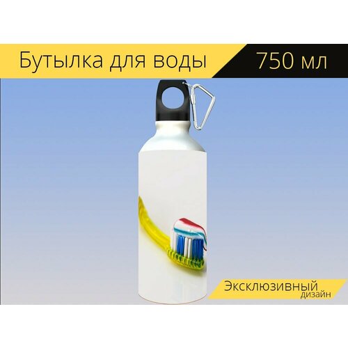 фото Бутылка фляга для воды "зубная щетка, зубная паста, стоматологическая помощь" 750 мл. с карабином и принтом lotsprints