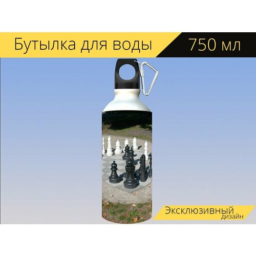 фото Бутылка фляга для воды "шахматы, шахматная доска, шахматные фигуры" 750 мл. с карабином и принтом lotsprints