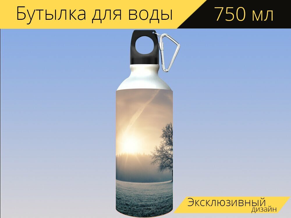 Бутылка фляга для воды "Поле, деревья, туман" 750 мл. с карабином и принтом