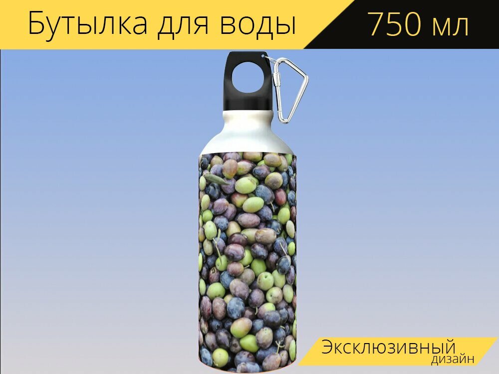 Бутылка фляга для воды "Оливки, маслины, оливковая плантация" 750 мл. с карабином и принтом