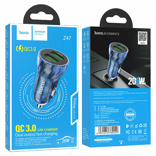 Автомобильное зарядное устройство с 2 USB fast charging QC 3.0, HOCO Z47, Blue азу 1 usb qc3 0 1 pd 20w z46a hoco кабель type с to lighting синий