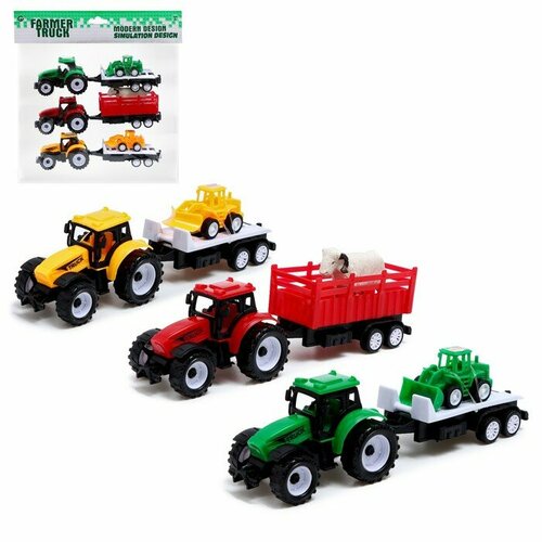 Набор инерционных тракторов КНР Фермер с прицепом, 3 шт, пластик, в пакете (6691-40)