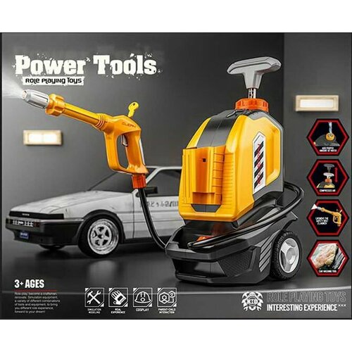 Игрушечная автомойка Power Tools, распыляет воду, с аксессуарами, 35х21х17 см, автомобильная мойка, игровой набор