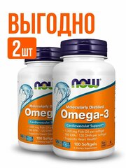 2 упаковки! Омега 3 жирные килосты 1000 мг, NOW Omega 3 1000mg,100 желатиновых капсул