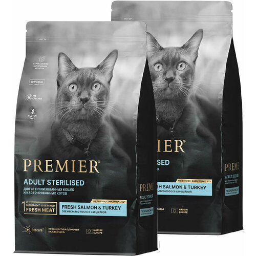 PREMIER LOW GRAIN CAT ADULT STERILISED SALMON & TURKEY низкозерновой взрослые кастрированных котов/стерилизованных кошек лосось/индейка (0,4 + 0,4 кг)