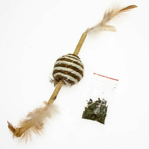 Игрушка для кошек AmbarAltai, Веретено, мяч сизаль и перья с кошачьей мятой, 1 шт.