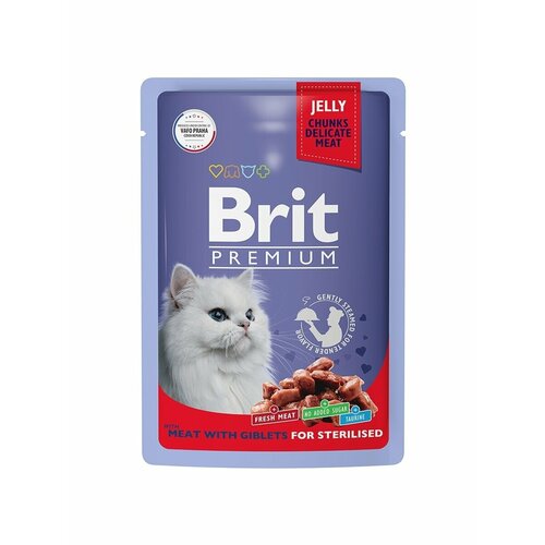 Паучи Brit Premium Cat Sterilised для взрослых стерилизованных кошек, мясное ассорти с потрошками в желе, 85г х 14шт.