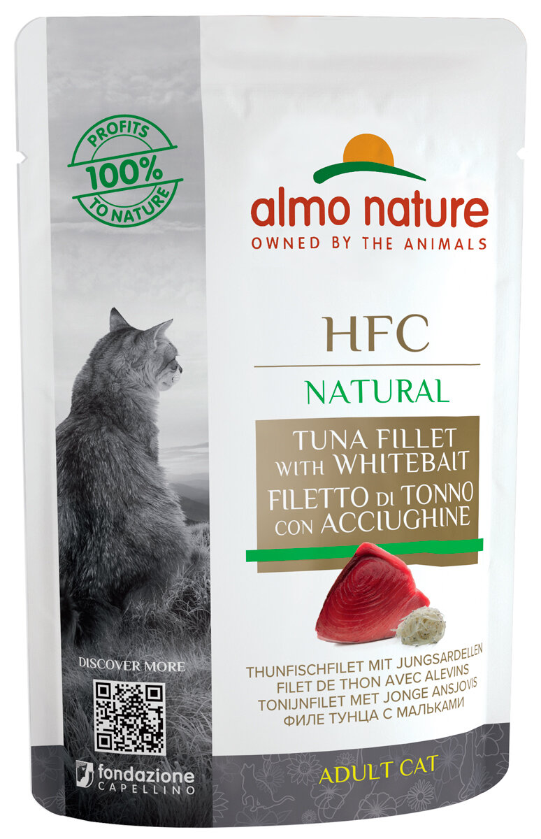 ALMO NATURE CAT HFC NATURAL для взрослых кошек с филе тунца и мальками 55 гр пауч (55 гр х 24 шт)