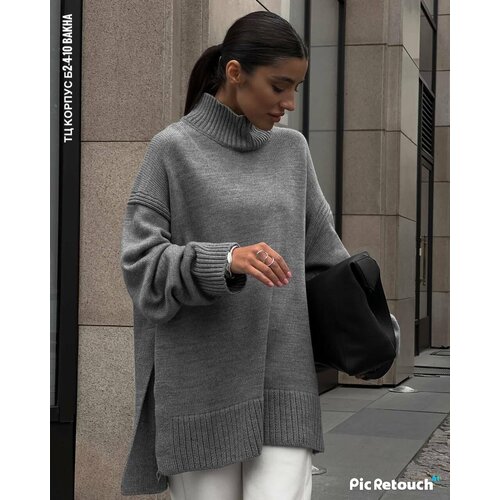 Свитер, длинный рукав, оверсайз, удлиненный, без карманов, разрез, вязаный, размер 42/46, серый