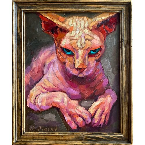 Сфинкс кот картина маслом в раме ручной работы 24х29 см настоящая масляная живопись кошка