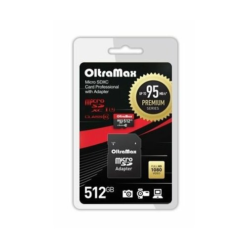 карта памяти smartbuy professional microsdxc class 10 uhs i u3 sd adapter 128 gb чтение 90 mb s запись 70 mb s адаптер на sd черный Карта памяти OLTRAMAX MicroSDXC 512GB Class 10 UHS-1 PREMIUM (U3) + адаптер (SD 95 MB/s)