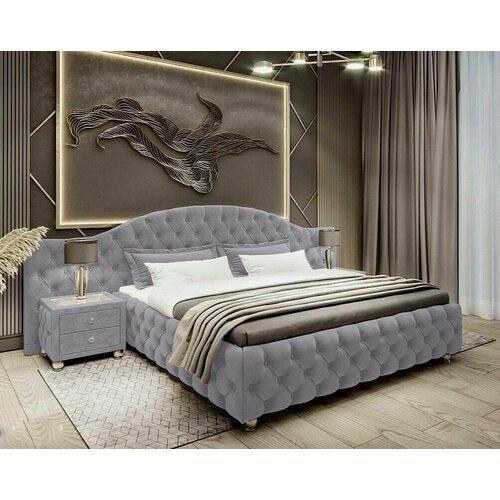 Двуспальная кровать 160x200, Letto King Size, с мягким изголовьем, с ящиком, велюр, серый