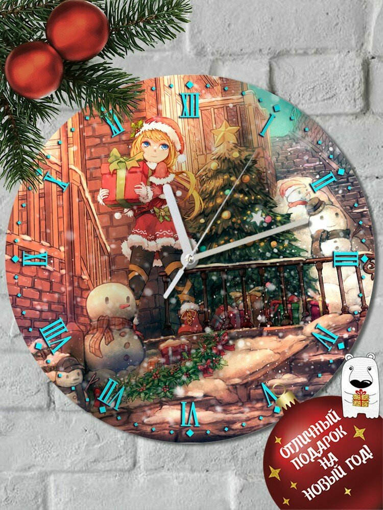 Настенные часы УФ "Новый год Девушка (аниме, тян, ёлка, украшения, снеговики, атмосфера) - 6100"