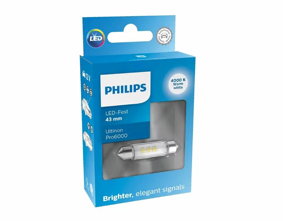 Светодиодная лампа PHILIPS Fest 43 12V-LED (SV8,5) 4000K 1,0W T10,5 Ultinon Pro6000 Warm (ку.1шт.)