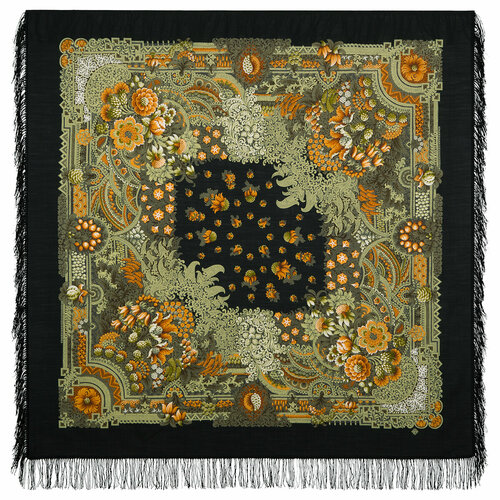 фото Платок павловопосадская платочная мануфактура, 146х146 см, зеленый, оранжевый