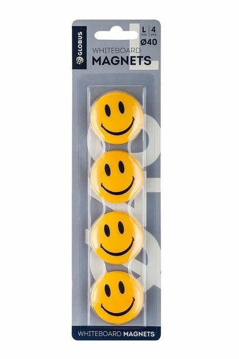 Globus Набор магнитов Смайлики 40 мм, 4 штуки, желтые