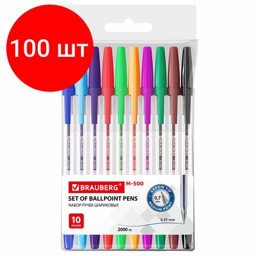 Комплект 100 шт, Ручки шариковые BRAUBERG M-500, набор 10 цветов, ассорти, узел 0.7 мм, линия письма 0.35 мм, 143455