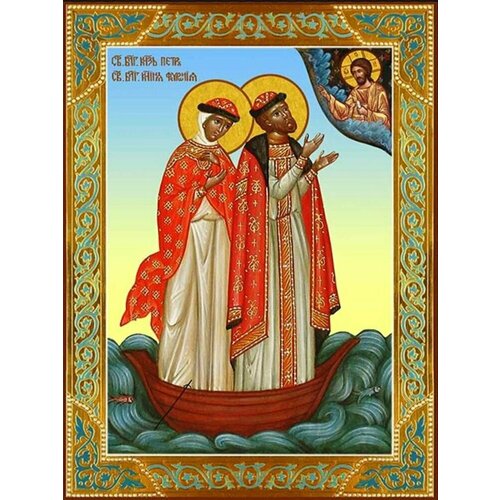 Икона Пётр и Феврония в лодке на дереве освященная икона пётр и феврония в монашеских одеждах 16 13 см на дереве