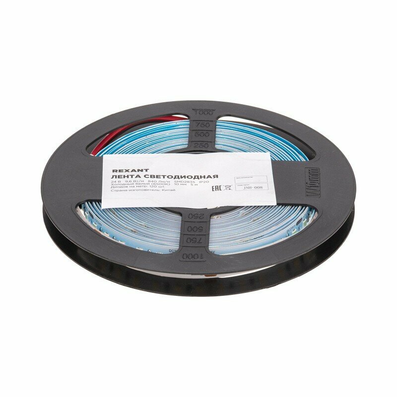 Лента светодиодная Rexant 24В, SMD2835, 9,6Вт/м, 120 LED/м, 6500K, 10мм, 5м,IP20 - фото №1