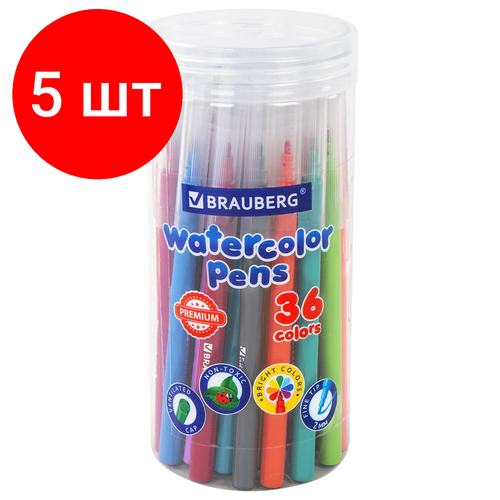 Комплект 5 шт, Фломастеры в тубе классические 36 цветов, вентилируемый колпачок, BRAUBERG PREMIUM, 152200