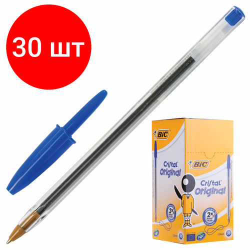 Комплект 30 шт, Ручка шариковая BIC Cristal, синяя, корпус прозрачный, узел 1 мм, линия письма 0.32 мм, 847898