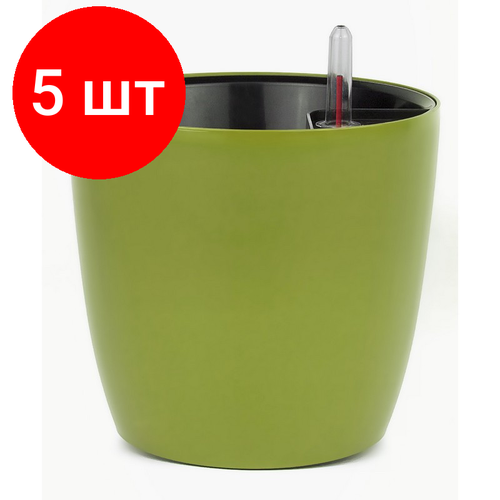 Комплект 5 штук, Горшок цветочный с автополивом комфорт 3.5л оливковый ПИ-25-6ТХ