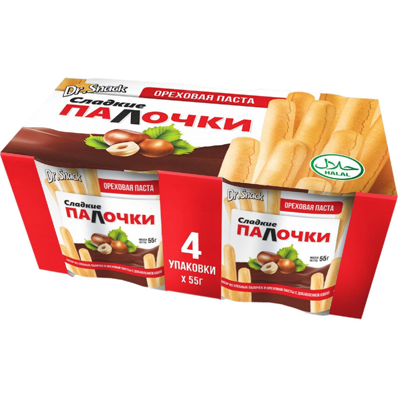 Паста Dr.Snack ореховая с какао и хлебные палочки 55гх4шт/уп