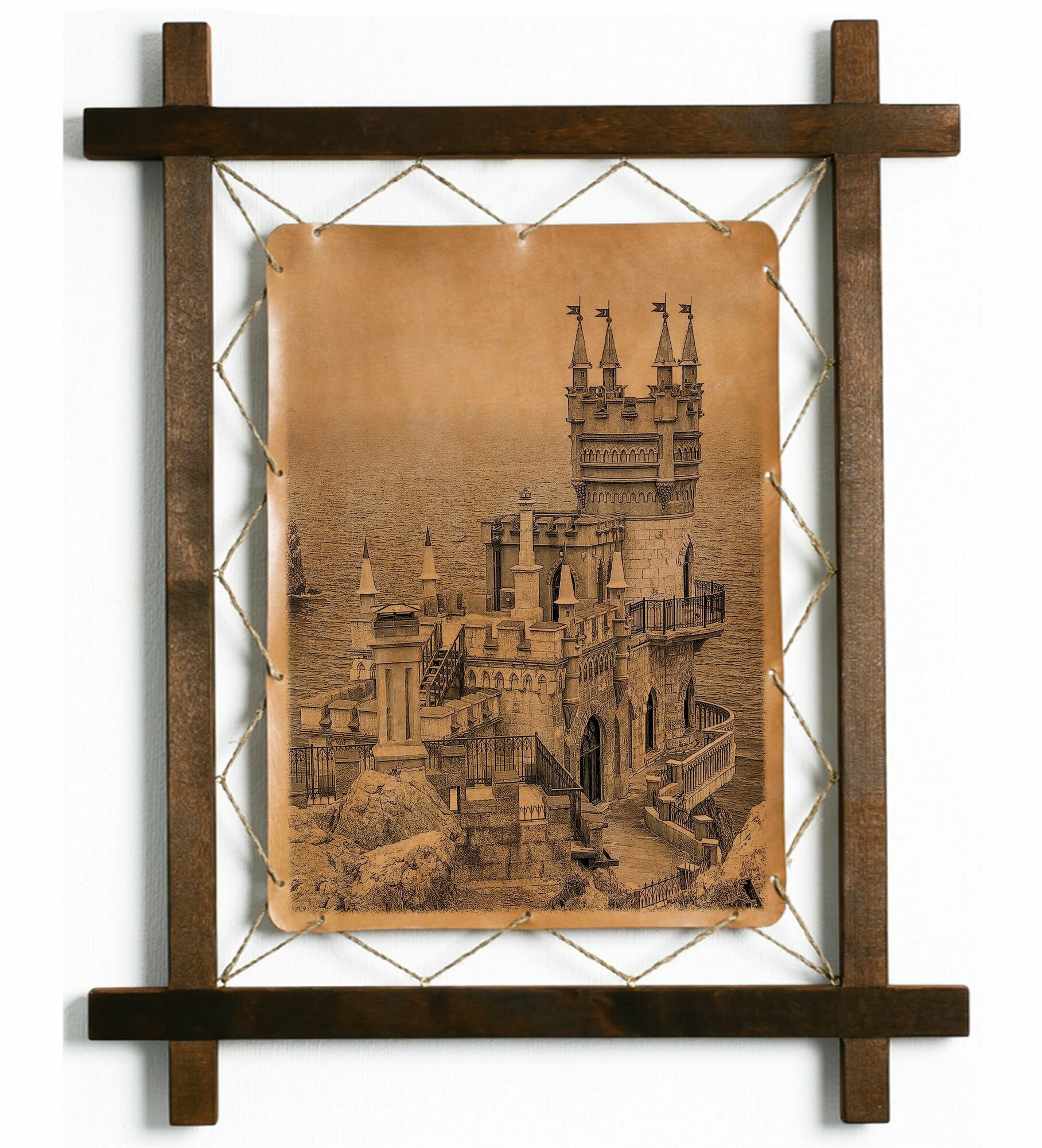 Картина Ласточкино гнездо, гравировка на натуральной коже, интерьерная для украшения и декора на стену в деревянной раме, подарок, BoomGift