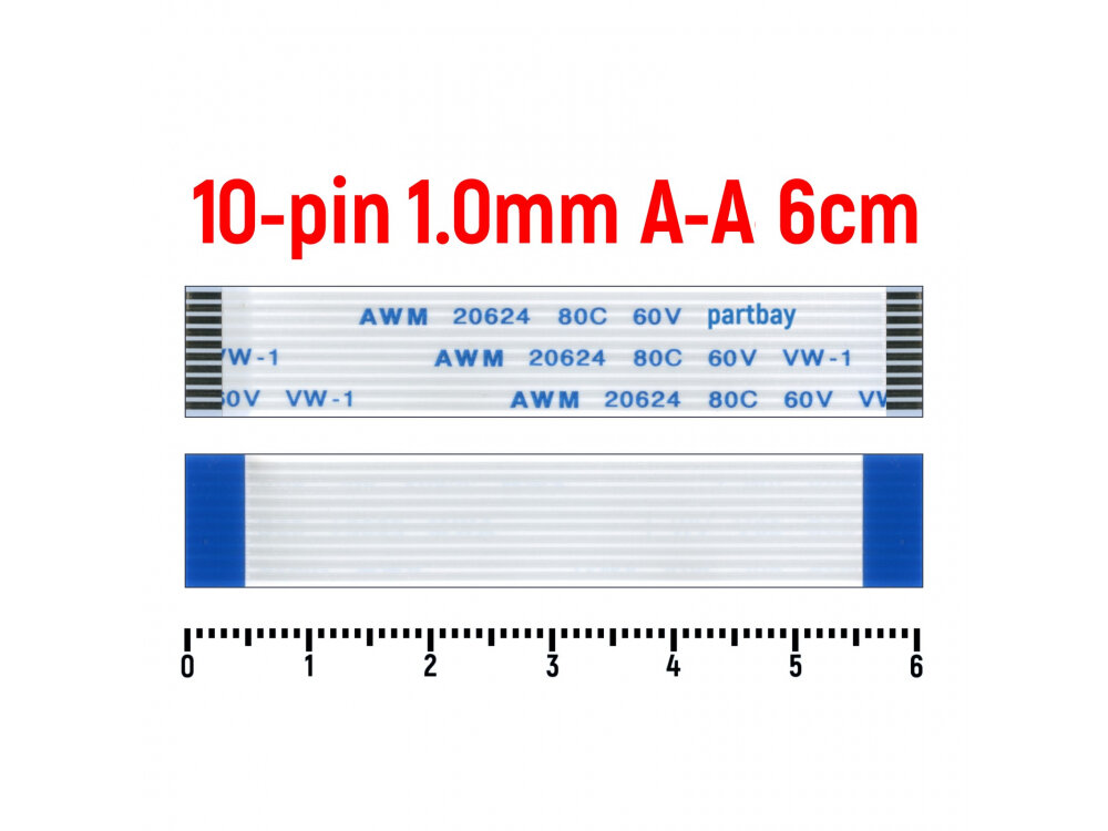 Шлейф FFC 10-pin Шаг 1.0mm Длина 6cm Прямой A-A AWM 20624 80C 60V VW-1