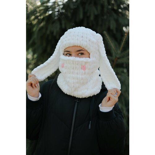 фото Шапка балаклава заяц, вязаная балаклава, символ года, теплая шапка, балаклава с ушами, размер 58, белый нет бренда